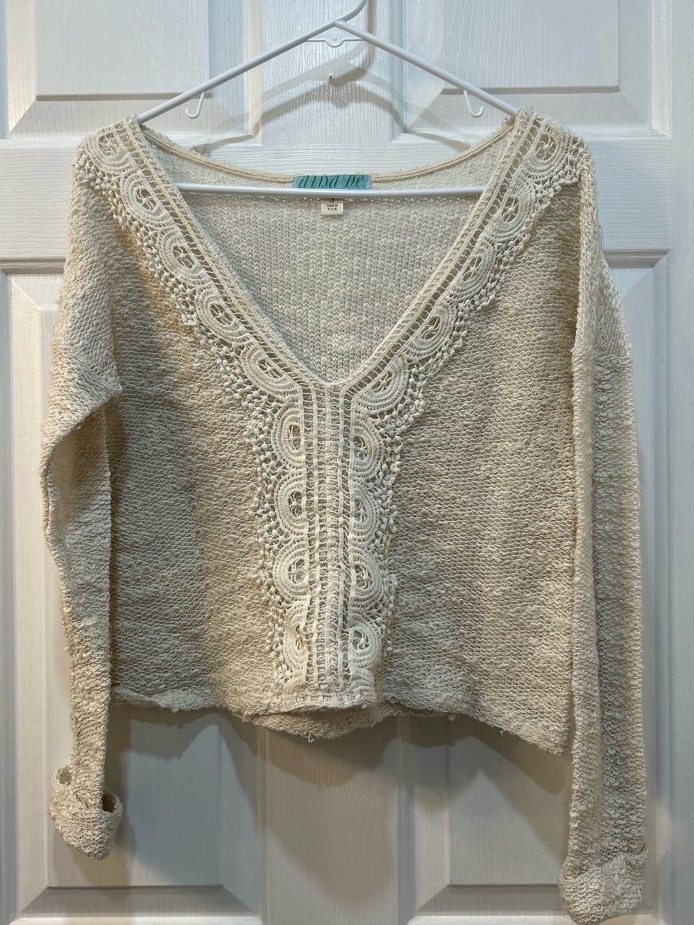 Women's Embroidered Lace Terry Sweater Sz S Cropped V-Neck Boxy Boho Festival